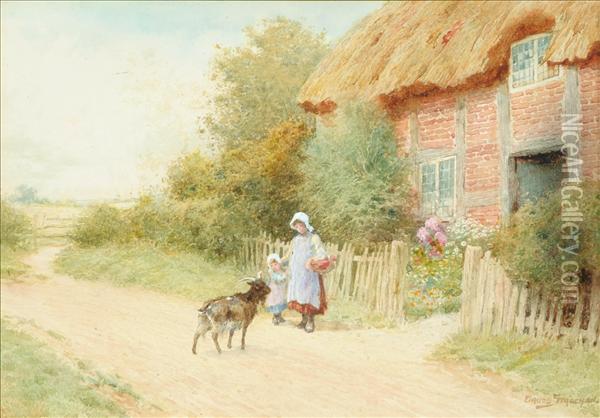 Figures With A Goat Outside A Cottage Oil Painting - Arthur Claude Strachan