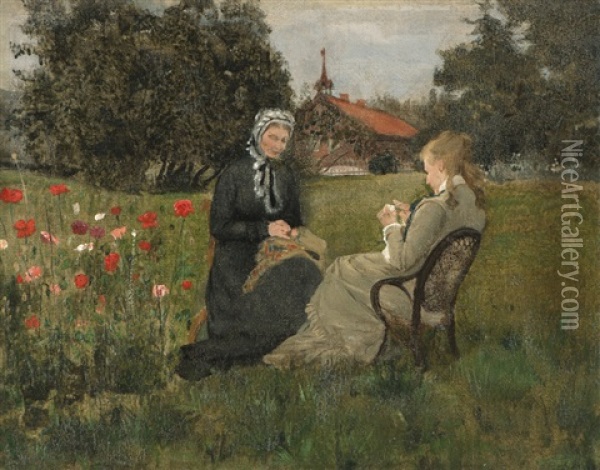 Fredrikke Gram And Her Daughter Nicoline In The Garden At Ask Oil Painting - Eilif Peterssen