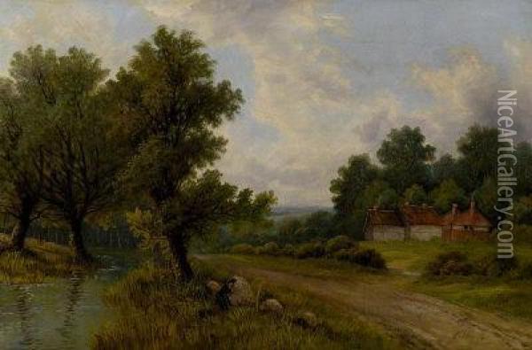 A Cottage In An Extensive Wooded Landscape Oil Painting - Octavius Thomas Clark