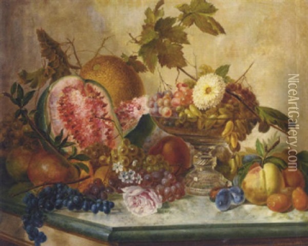 Grapes And Dates In A Glass Tazza, With Melons, Apples, Plums, Pears And Apricots On A Marble-topped Table Oil Painting - Gennaro Guglielmi