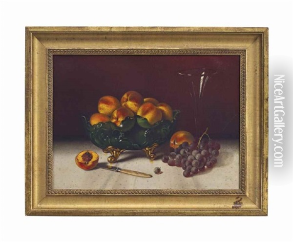 Peaches In Green Glass Bowl, Grapes And Knife Oil Painting - Thomas H. Hope