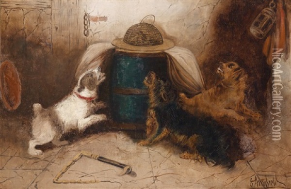 Drei Hunde Verbellen Eine Maus Oil Painting - George Armfield