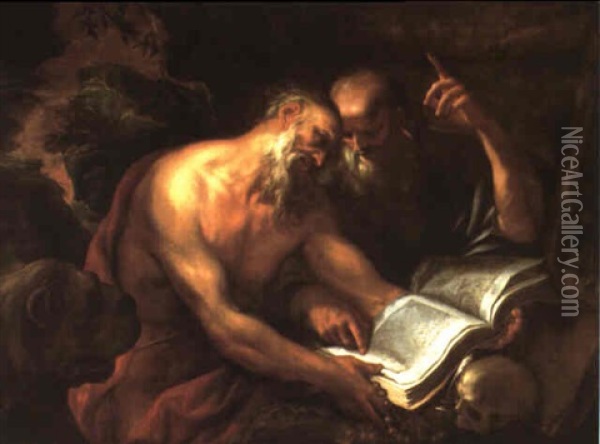 Saints Jerome And Paul The Hermit Oil Painting - Domenico Piola