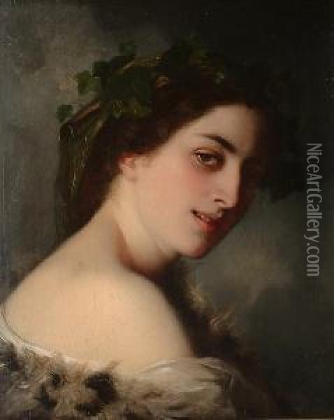 A Beautiful Young Woman Wearing A Fur Wrap With Ivy In Her Hair. Oil Painting - Charles Zacharie Landelle