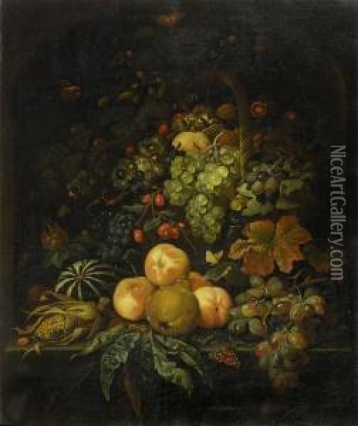 Large Still Life With Fruit In Analcove Oil Painting - Abraham Mignon