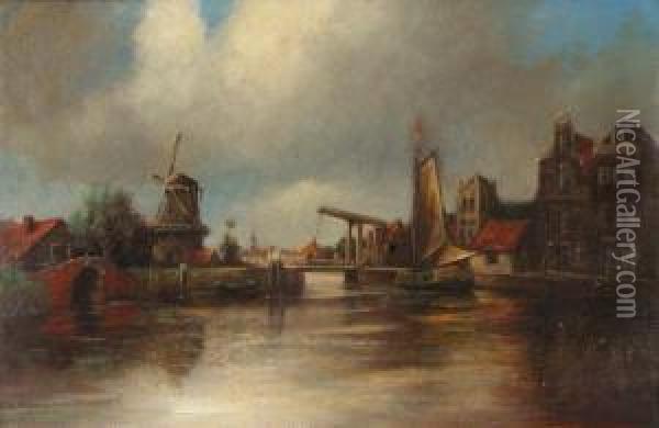 Dutch Canal Scene Oil Painting - Roelofs