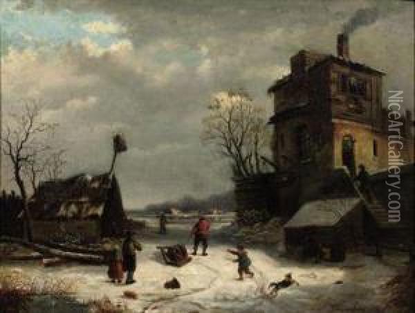 A Winter's Day Oil Painting - Johannes Petrus van Velzen