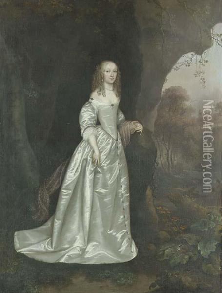 Portrait Of A Lady, Possibly Lady Anne Wentworth, Full-length, In Awhite Dress And A Purple Mantle, Before A Bank In A Wooded Riverlandscape Oil Painting - Anna Joan Carlisle
