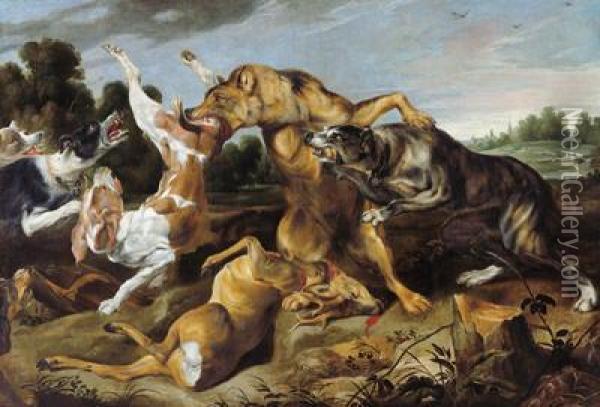 Cani A Caccia Di Un Lupo Che Ha Ucciso Un Cerbiatto Oil Painting - Frans Snyders