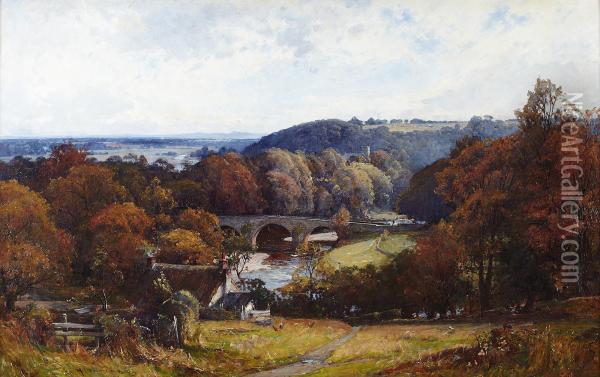 A Wooded River Landscape With Distant Stone Bridge Oil Painting - George Whitton Johnstone