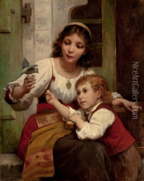 Child And Mother With Bird Oil Painting - Francois Lafon