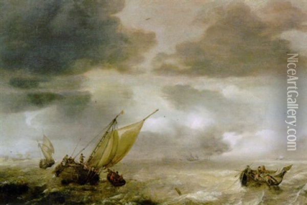 A Wijdschip Lowering Sails With Fishermen In A Rowing Boat Hauling In Their Nets, As A Storm Approaches Oil Painting - Julius Porcellis