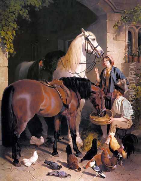 Feeding the Horses, 1858 Oil Painting - John Frederick Herring Snr