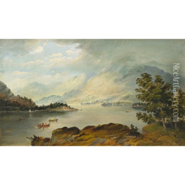 Extensive River View In A Mountainous Landscape With Figures In Boats Oil Painting - Conrad Wise Chapman