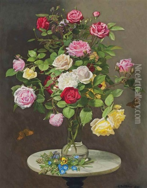 Roses In A Vase On A Marble Table Oil Painting - Otto Didrik Ottesen