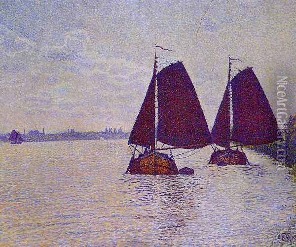 Barges on the River Scheldt Oil Painting - Theo van Rysselberghe