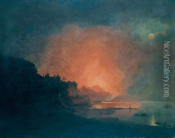 Vesuvius In Eruption Seen From Posillipo Oil Painting - Josepf Wright Of Derby