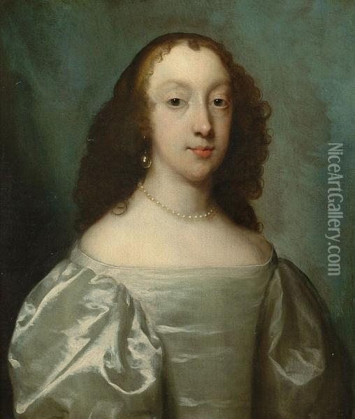 A Lady Wearing Pearls - Head And Shoulders Portrait Oil Painting - Sir Peter Lely