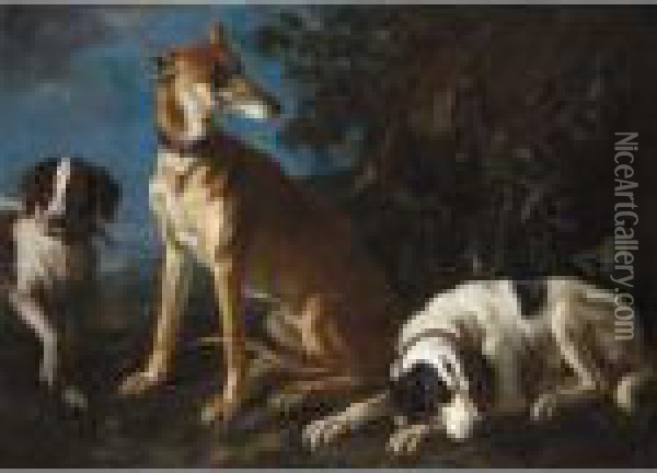 A Greyhound And Two Spaniels In A Landscape Oil Painting - Frans Werner Von Tamm