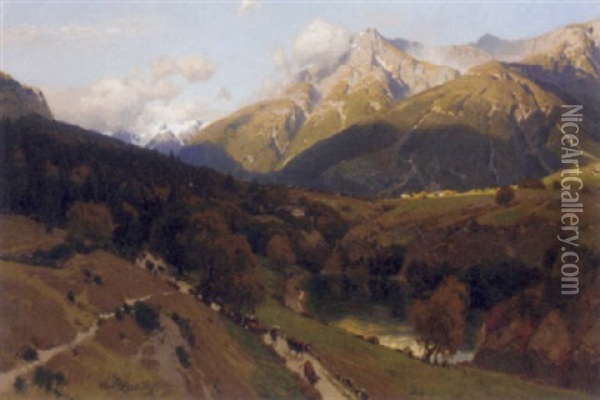 A Swiss Mountain Landscape Oil Painting - Carl Julius E. Ludwig