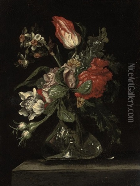 Parrot Tulips, Carnations, Narcissi And Other Flowers In A Glass Vase On A Ledge Oil Painting - Rachel Ruysch