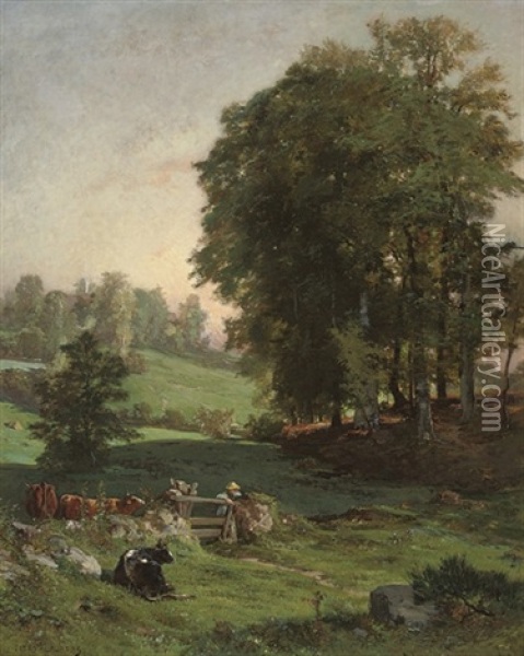 Minding The Herd At Dusk Oil Painting - Jules (Joseph Augustin) Laurens