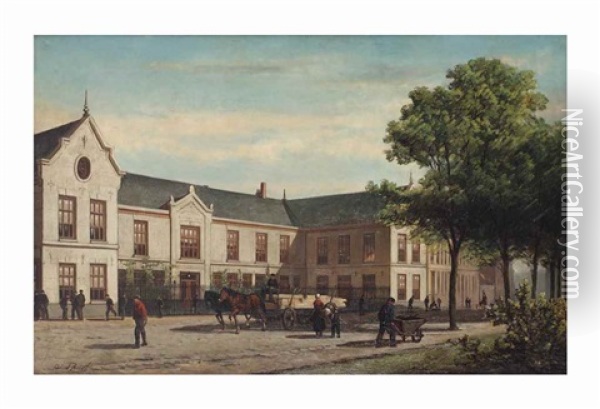 A Busy Day Outside The Ambachtsschool, Weteringschans, Amsterdam Oil Painting - Johan Adolph Rust