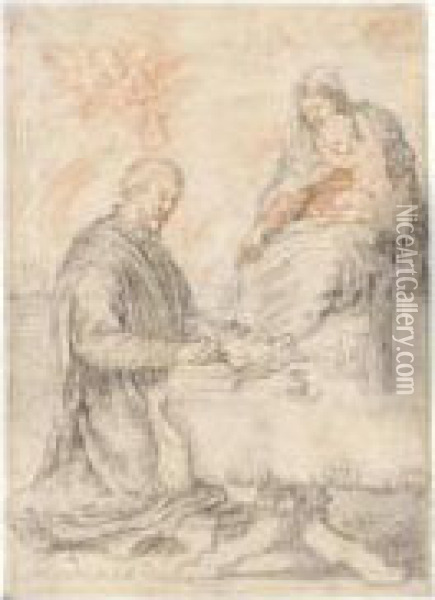 The Virgin, With The Christ Child, Dictating The Gospel To St. Luke Oil Painting - Joachim I Von Sandrart