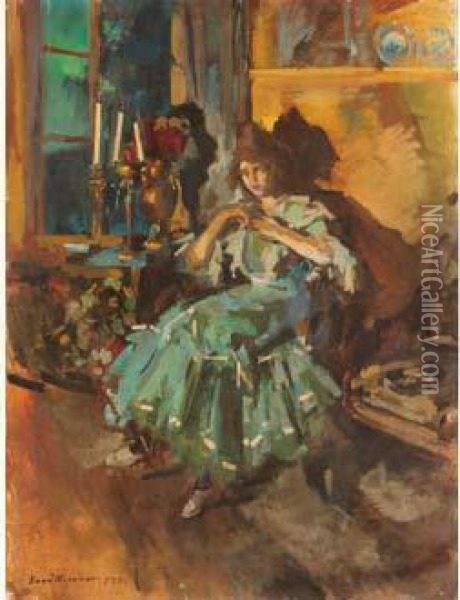 Ballerina In A Green Dress Oil Painting - Konstantin Alexeievitch Korovin