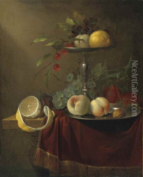 Grapes, Cherries, A Peach And A Lemon On A Silver Tazza , With Peaches On A Pewter Plate Oil Painting - Jan Davidsz De Heem