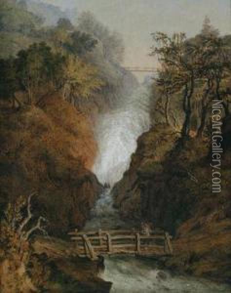 Waterfall With Wood Gatherer On The Bridge Oil Painting - Anton Schiffer