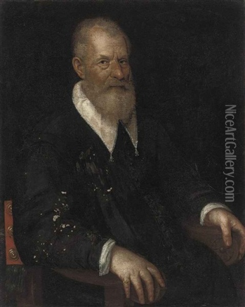 Portrait Of A Gentleman Seated, In A Black Coat With White Collar And Cuffs, A Gold Ring Set With A Ruby On His Right Hand Oil Painting - Giovanni Battista Moroni