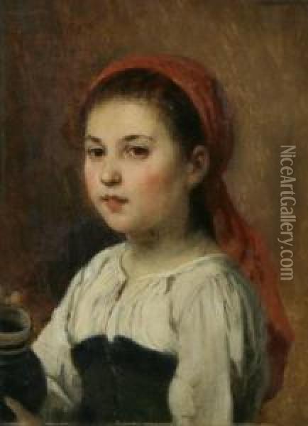Young Girl With A Redscarf Oil Painting - Hugo Oehmichen