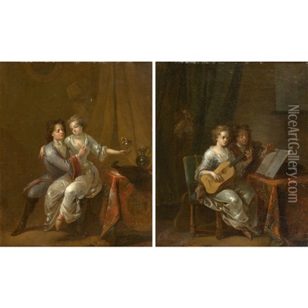 Un Couple De Musiciens Et Une Scene Galante (pair) Oil Painting - Balthasar Van Den Bossche