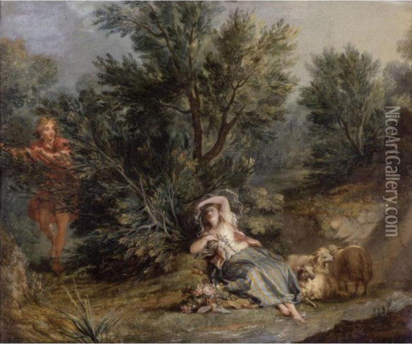 Shepherdess In A Landscape Oil Painting - Jean Benard