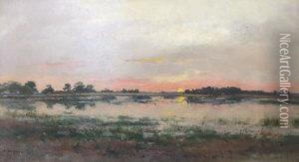 Sun Rising In A Red Sky Over A Lake Scene Oil Painting - Pierre-Emmanuel Damoye