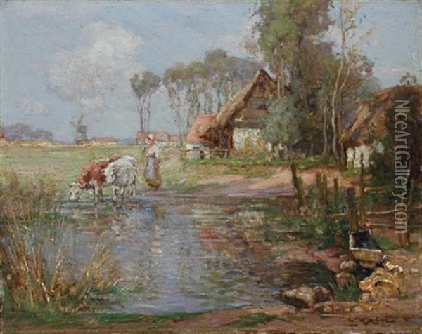 A Milkmaid Watering Cattle, A Village With A Windmill Beyond Oil Painting - William Watt Milne