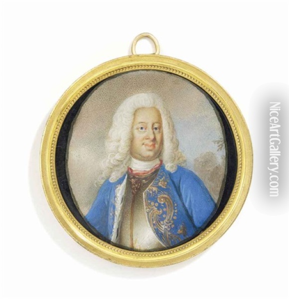 Frederick I (1676-1751), King Of Sweden, In Gilt-edged Silver Breastplate, Gold Embroidered Blue Coat With Ermine Lining, Long Powdered Curling Wig Oil Painting - Niclas Lafrensen the Elder