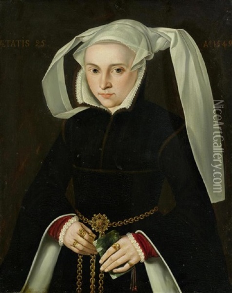Portrait Of A Young Woman At The Age Of 25 Oil Painting - Bartholomaeus Bruyn the Elder