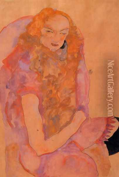 Woman With Long Hair Oil Painting - Egon Schiele