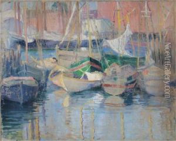 Boats In A Harbor Oil Painting - Alice Judson