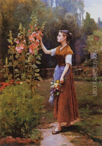 Young Girl Admiring Hollyhocks Oil Painting - Cesar Pattein