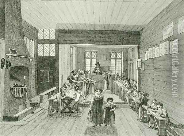 Interior View of the School connected with John Bunyan's Meeting House in Zoar Street, Southwark, engraved by Dale, 1822 Oil Painting - Schnibbelee