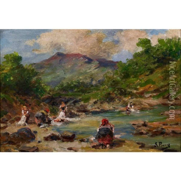 Wascherinnen Am Flussufer Oil Painting - Silvio Poma