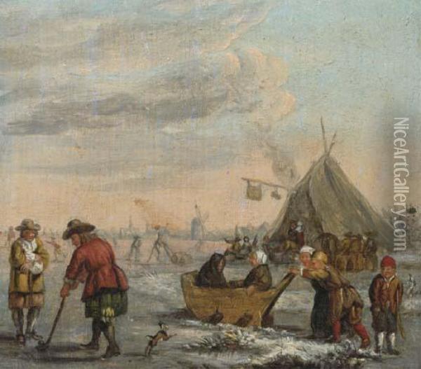A Winter Landscape With Men Playing Kolf And Children On A Sledge Oil Painting - Barent Avercamp Kampen