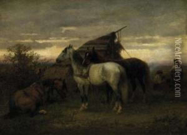 Nomads In The Evening. Signed Lower Left: H. Winter Oil Painting - Heinrich Winter