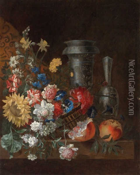 A Still Life Of Flowers And Fruit With Two Magnificent Blue And White Vessels Oil Painting - Jean-Baptiste Belin de Fontenay the Elder