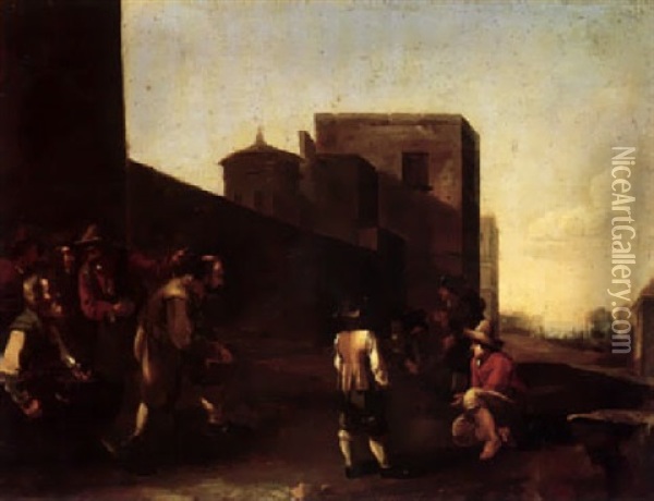 Peasants Playing Bowls Outside The Walls Of A Town Oil Painting - Jan Miel