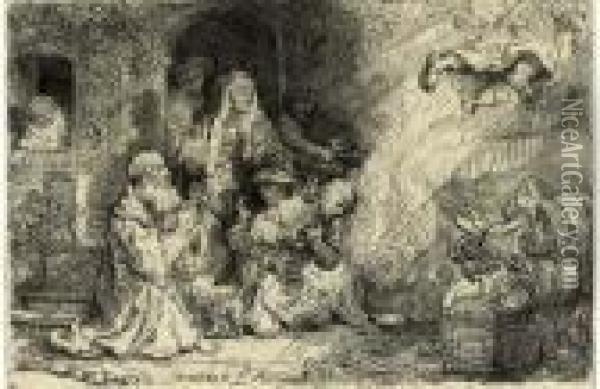 The Angel Departing From The Family Of Tobias (b., Holl. 43; H. 185) Oil Painting - Rembrandt Van Rijn