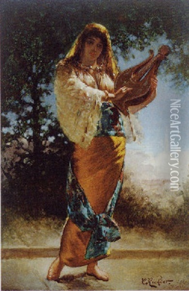 L'odalisque A La Lyre Oil Painting - Edouard Frederic Wilhelm Richter